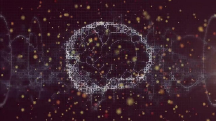 Orbiting particle entering right, seeding wire loop and depositing gold ribbon for tech network