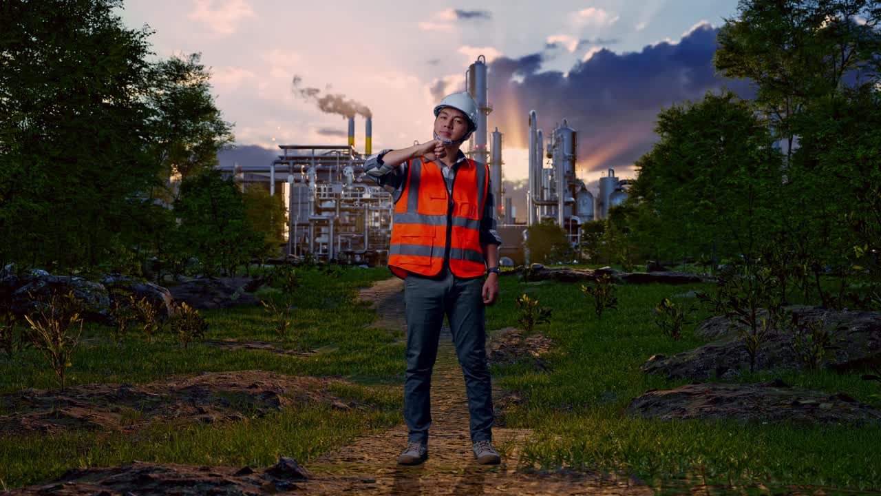 Full Body Of Asian Male Engineer With Safety Helmet Showing Thumbs Down Gesture And Shaking His Head While Standing In Front Of Oil Refinery