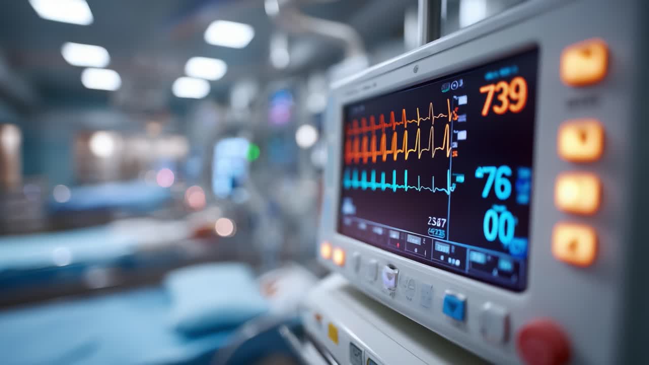Close-Up of Vital Signs Monitor Displaying Heart Rate and Pulse in Hospital Intensive Care Unit, Capturing Key Health Metrics for Patient Monitoring