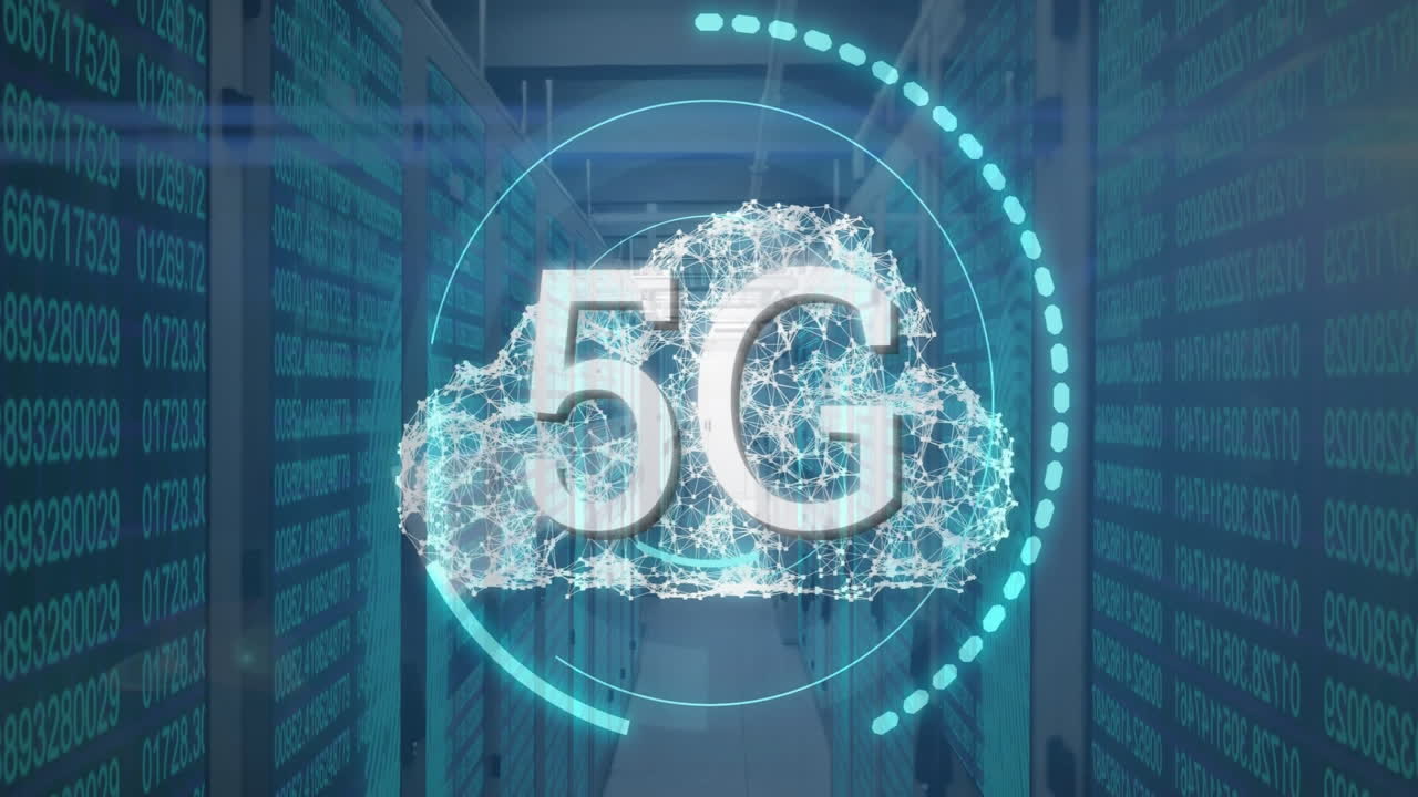 animación de texto 5g, nube digital y procesamiento de datos a través de servidores informáticos