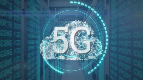 Animation-Von-5G-Text,-Digitaler-Cloud-Und-Datenverarbeitung-über-Computerserver