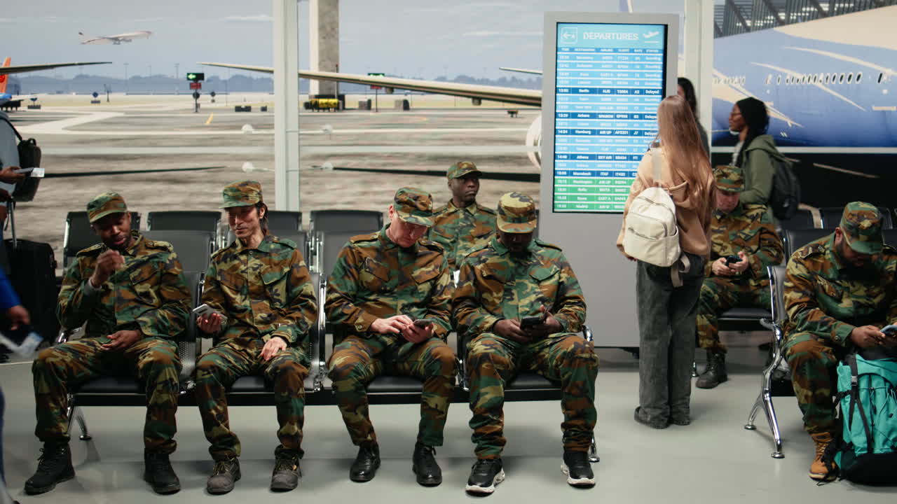 Timelapse di una squadra di soldati dell'esercito e persone che camminano in aeroporto, di fretta.
