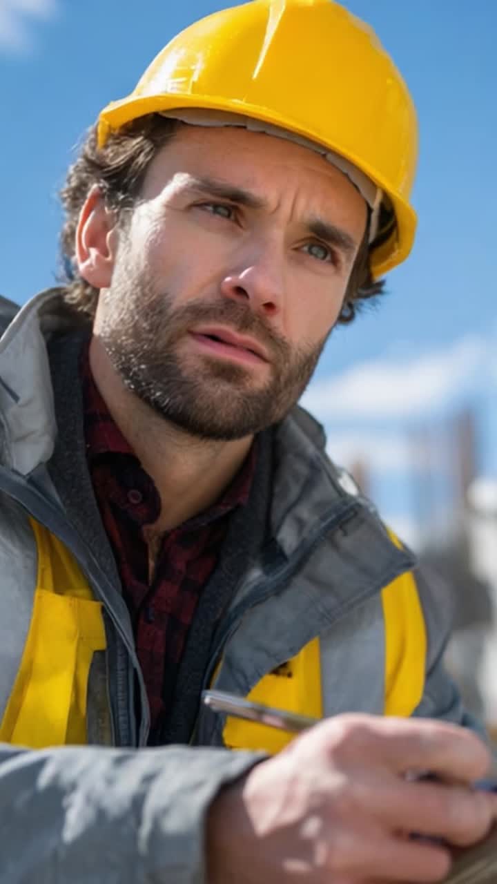 A thoughtful construction worker in a hard hat reviewing plans outdoors under a clear blue sky, showcasing focus and determination in a collaborative environment
