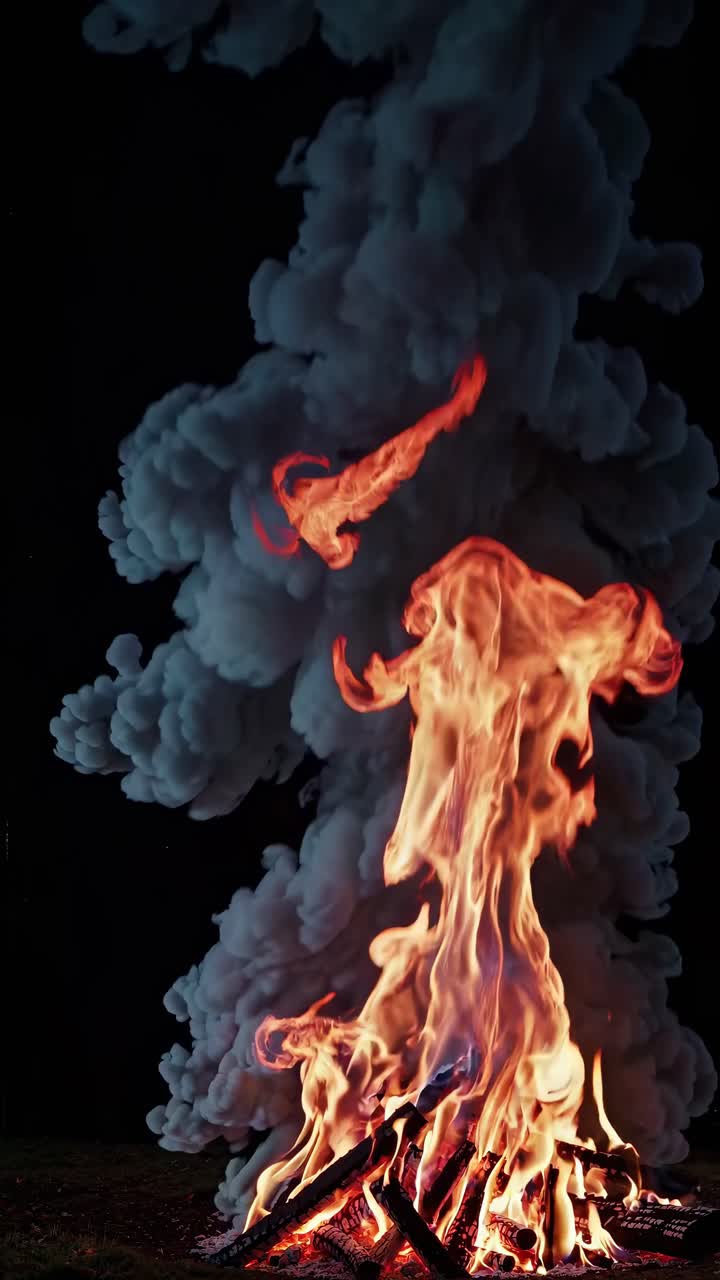 Video drammatico di fuoco e fumo che si alzano su uno sfondo scuro, ripreso da un'angolazione bassa