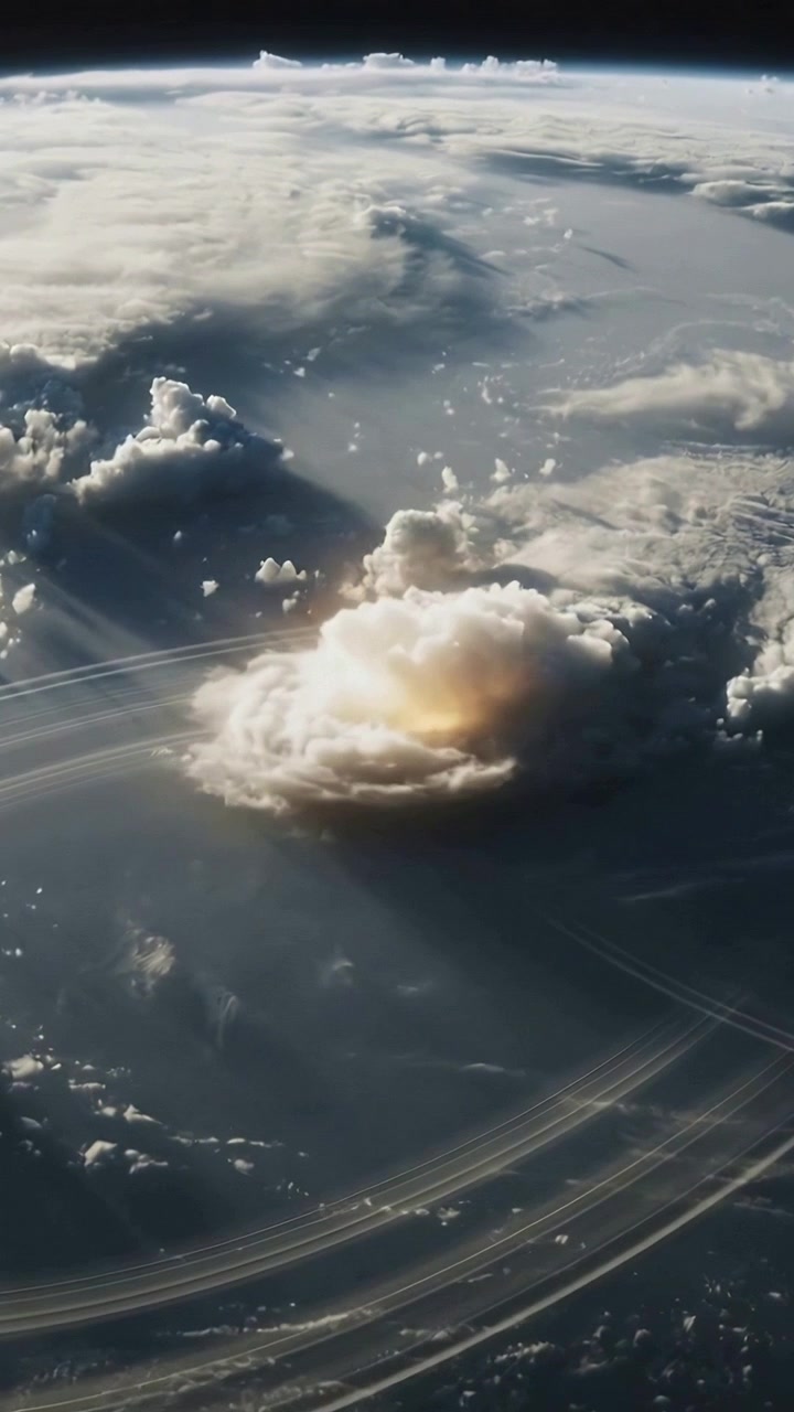 Video vertical: Cámara orbital en movimiento mostrando una nube iluminada por el sol sobre el océano, revelando detalles y el limbo de la Tierra.