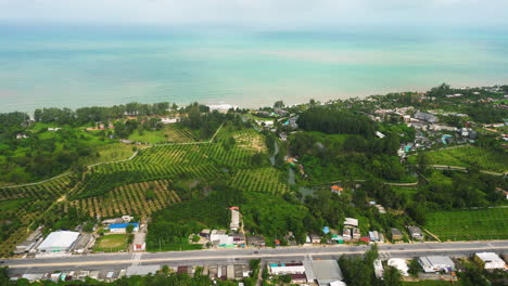 vista de drones de alto ángulo de la carretera costera entre las tierras de cultivo, khao lak, tailandia