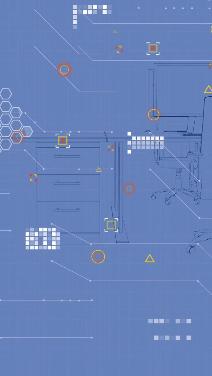 Animation of computer circuit board over desks with computers on blue background