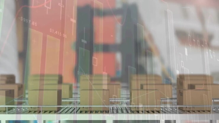 Animazione dell'elaborazione di dati finanziari su scatole di cartone su nastri trasportatori