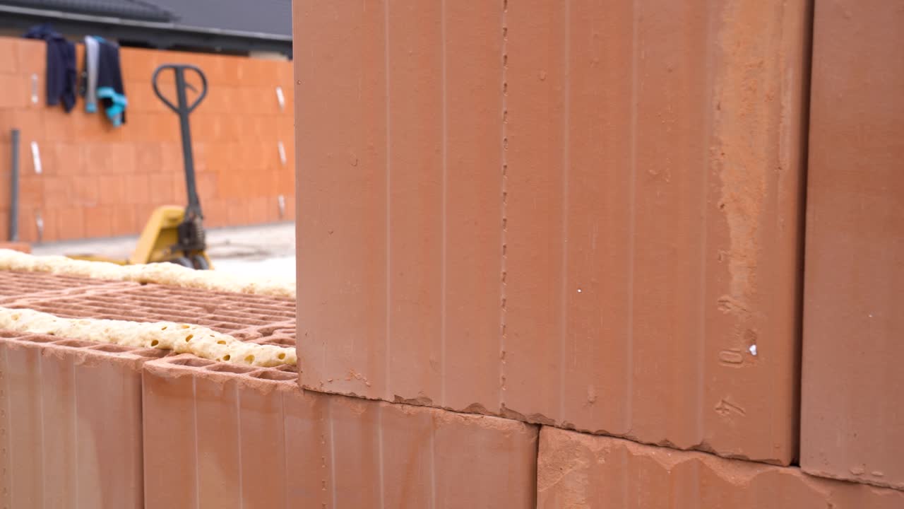 Large ceramic block placed on adhesive foam layer during wall construction
