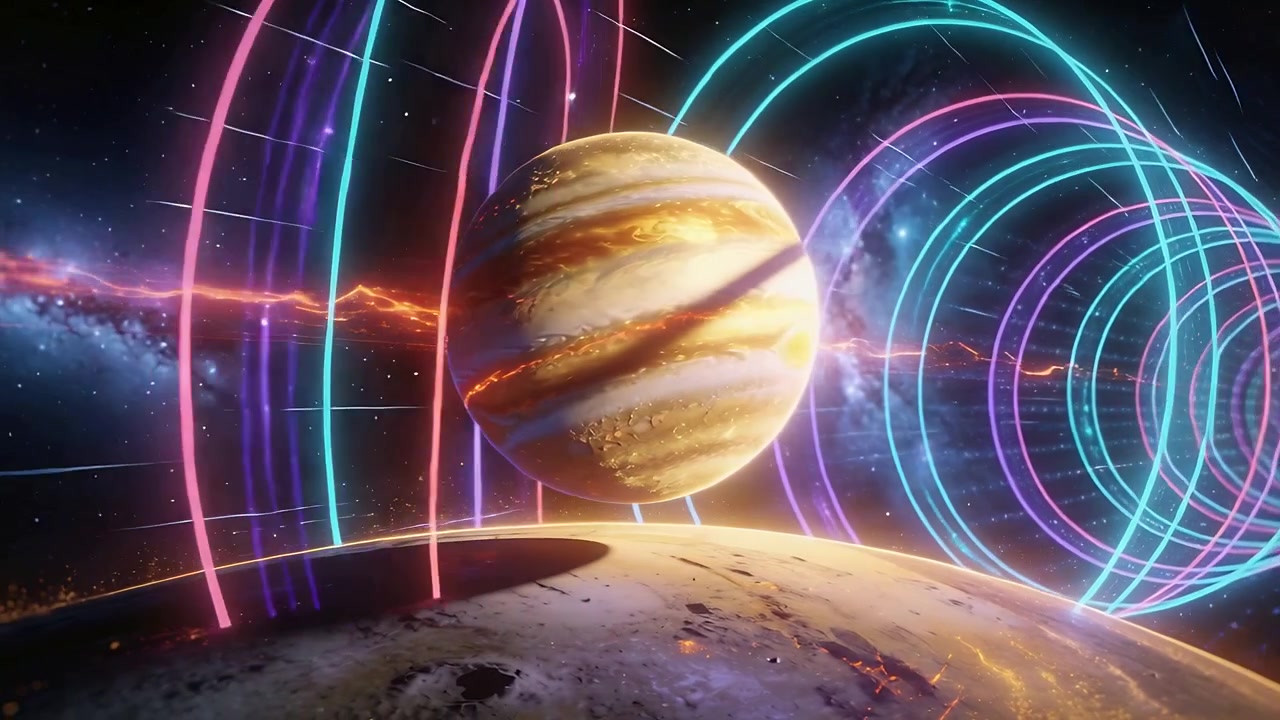Floating banded gas giant casting glow on cratered moon, orange plasma arcing, sparking neon tunnel