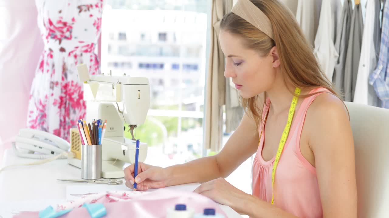 diseñador de moda atractivo dibujando en la mesa
