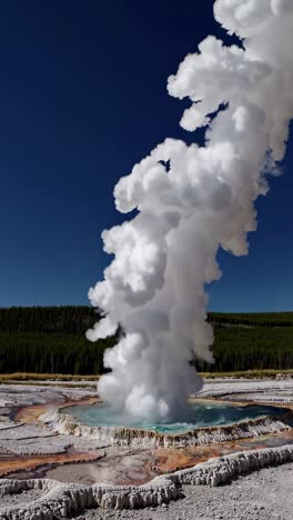 a dramatic low-angle video shot captures a geyser erupting against a clear blue sky