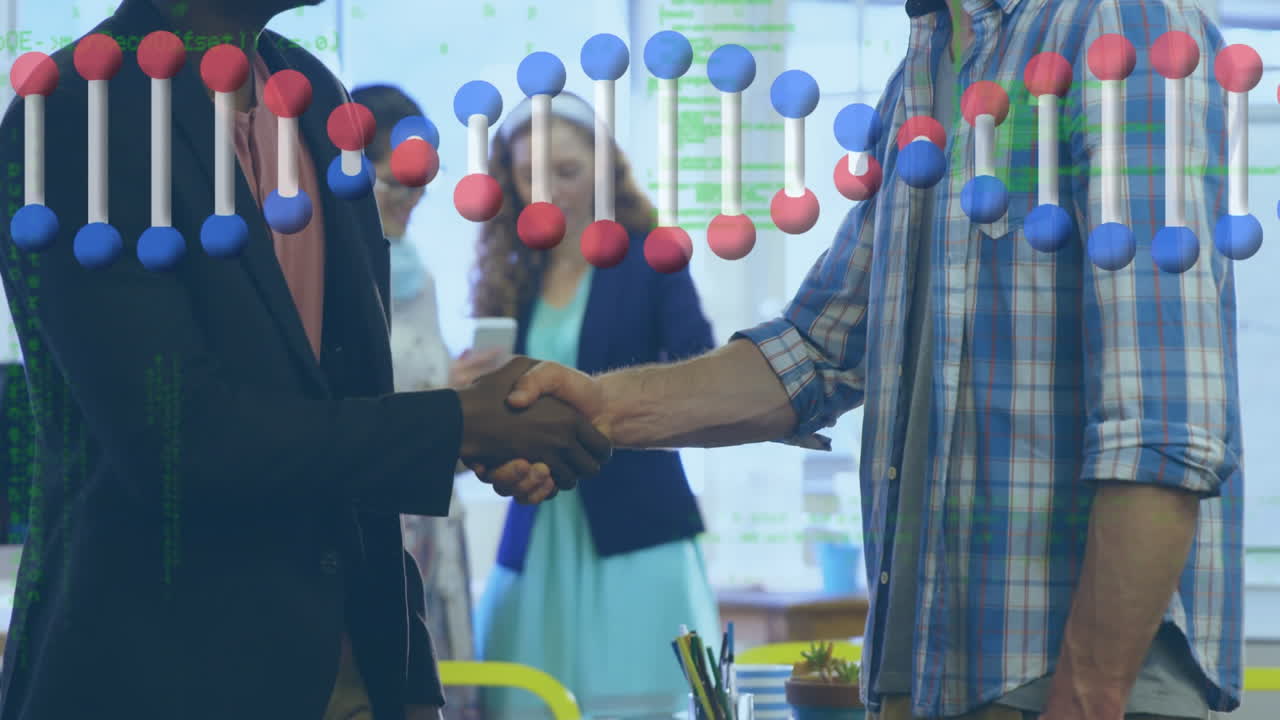 animación de la cadena de adn girando sobre la gente de negocios apretón de manos