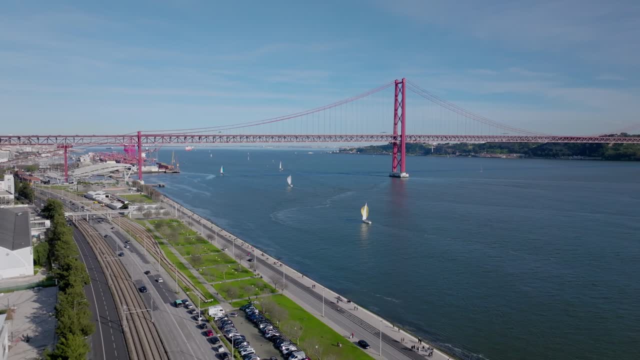 Drone shot of Ponte 25 Abril in Lisbon, Portugal.