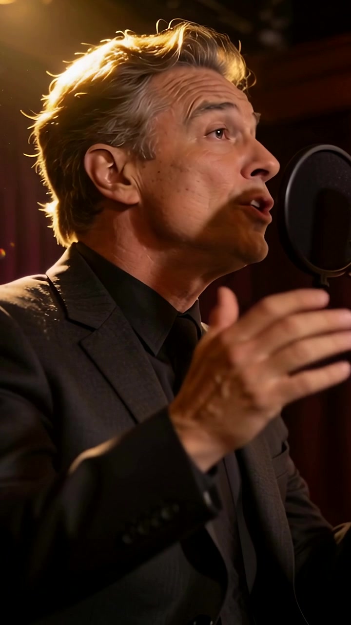 Video verticale: Cantante in abito e cravatta che respira e canta per la registrazione, gesticolando e chinandosi verso il microfono anti-pop.