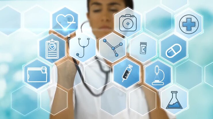Doctora usando estetoscopio sobre iconos vectoriales médicos
