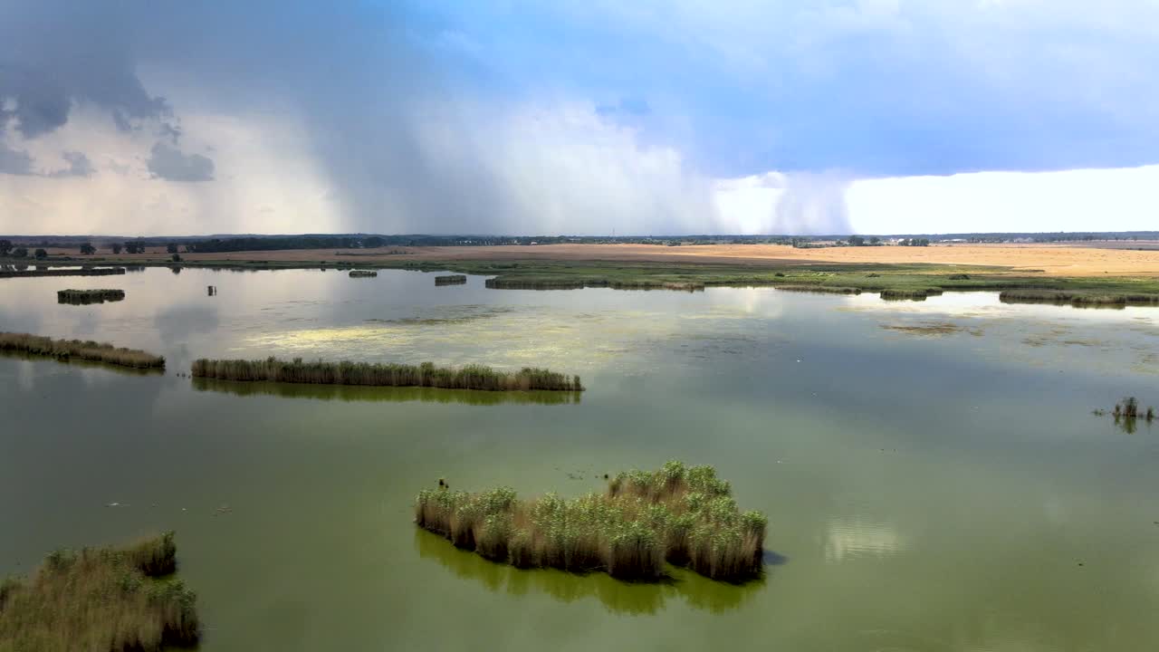 toma aérea de camiones de paso bajo de humedales y campos agrícolas con fuertes lluvias distantes