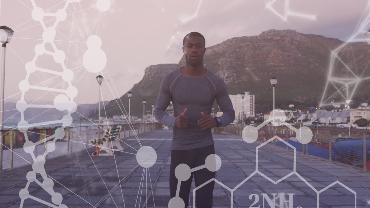 animación de formas y hebra de adn sobre un hombre afroamericano corriendo por el paseo marítimo