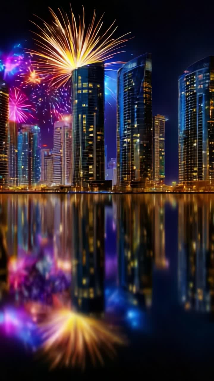 A dazzling display of colorful fireworks lights up the skyline of a magnificent urban landscape, reflecting beautifully on tranquil waters under the night sky, creating a mesmerizing spectacle of peace and celebration