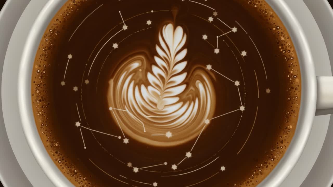 A Stunning Coffee Art Design Featuring an Intricate Leaf Pattern Surrounded by Celestial Constellations Captured in Two Frames of a Mesmerizing Video Sequence