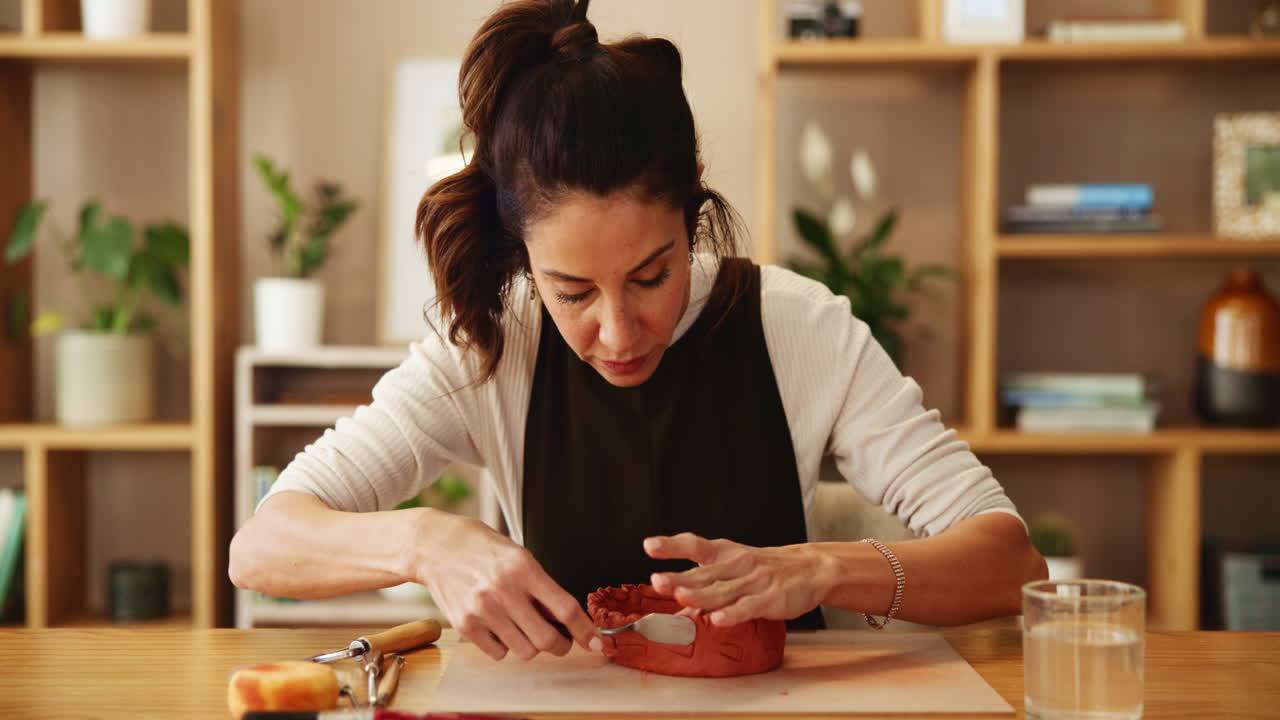 mujer creando cerámica en casa