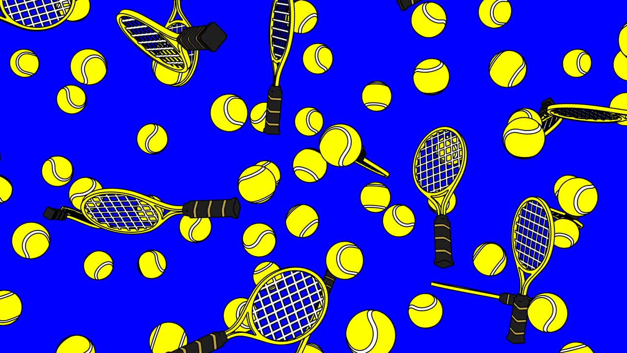 푸른 크로마 키 배경에 노란색 테니스 공과 테니스 라켓.