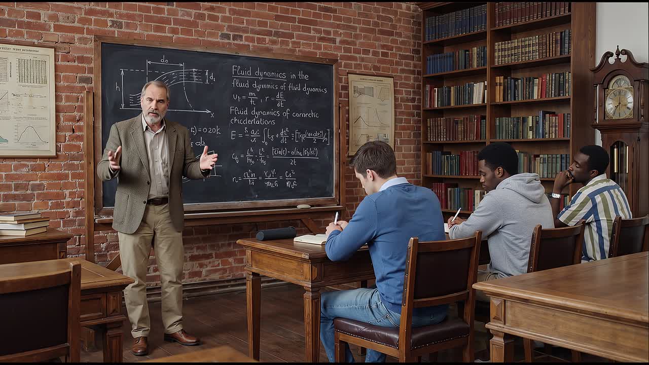 Profesor vyučuje pokročilé rovnice na tabuli vysokoškolským studentům v klasické třídě s knihovnami