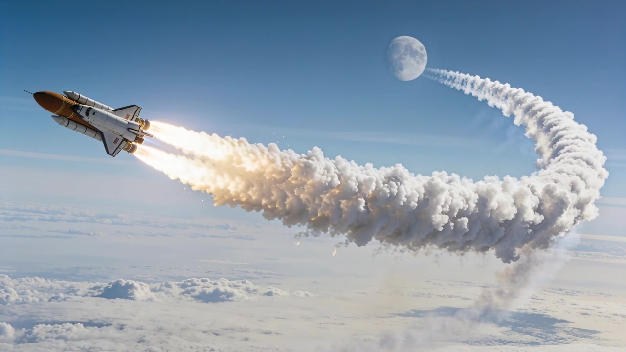 Orbiter in ascesa che vira sopra le nuvole lasciando dietro di sé due pennacchi e una scia di condensazione verso la mezza luna, spazio per il testo
