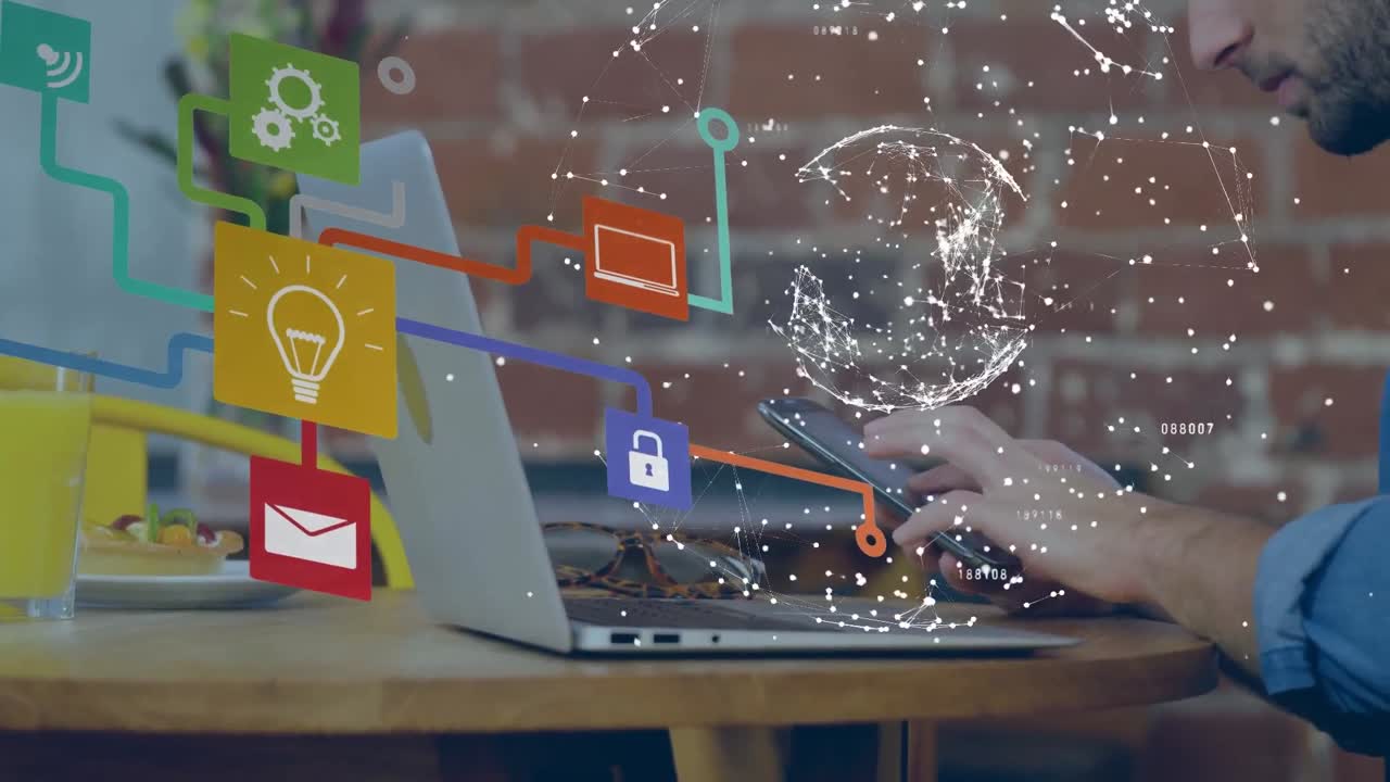 스마트폰과 노트북을 사용하는 코카서스 사업가에 대한 연결 네트워크의 지구상의 애니메이션