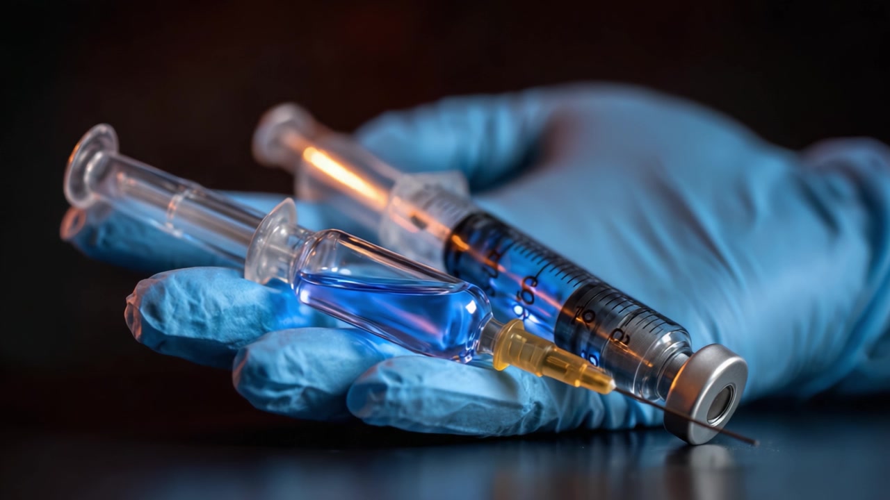Un primo piano di una mano guantata che tiene una siringa, una fiala e componenti per iniezione, mostrando la preparazione medica e l'importanza delle vaccinazioni.