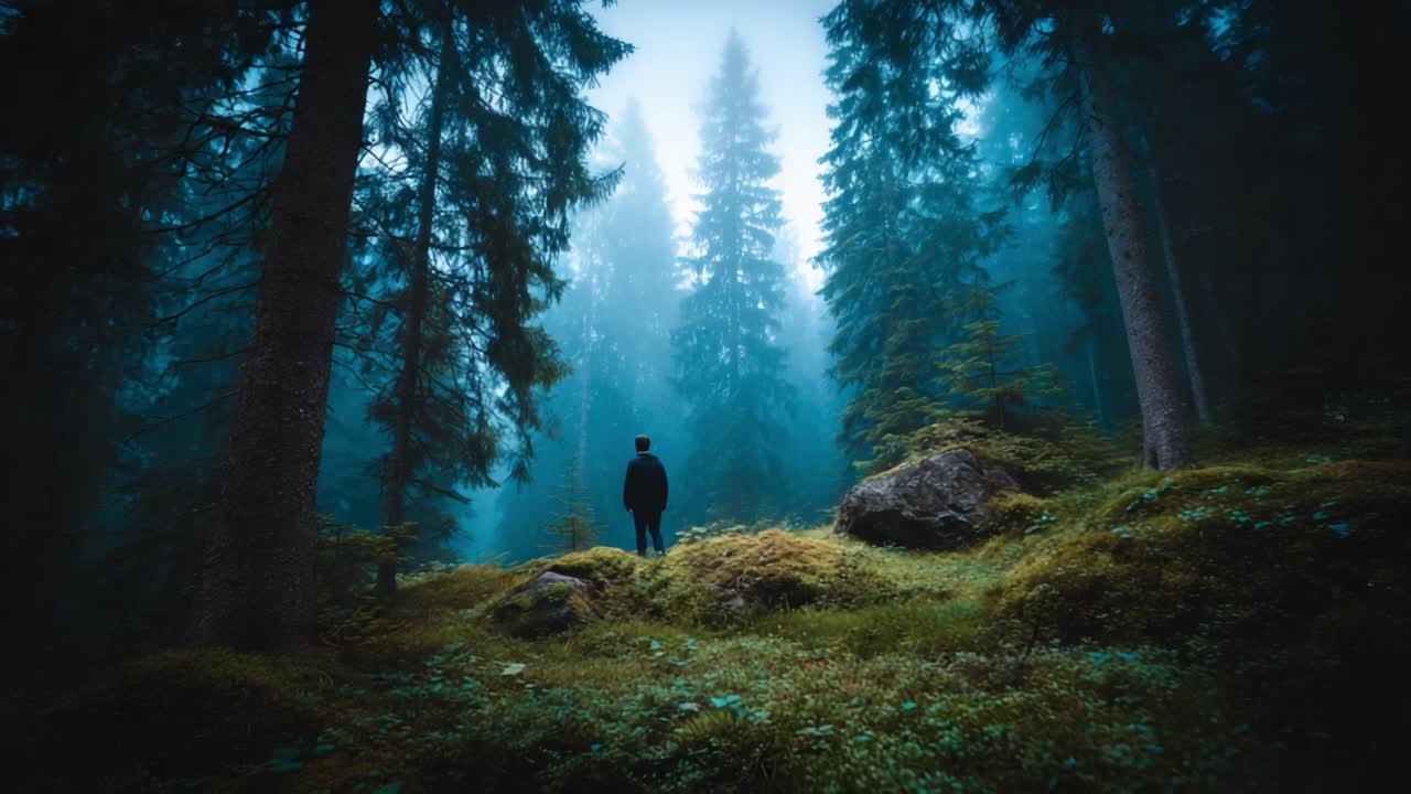 A Solitary Figure in a Mystical Forest: Exploring the Enigmatic Beauty of Nature Amidst Dense Fog and Towering Trees