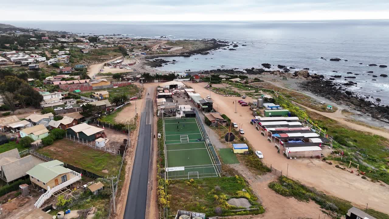 Soccer field on the shore of La Ballena beach, Valparaiso region, Chile