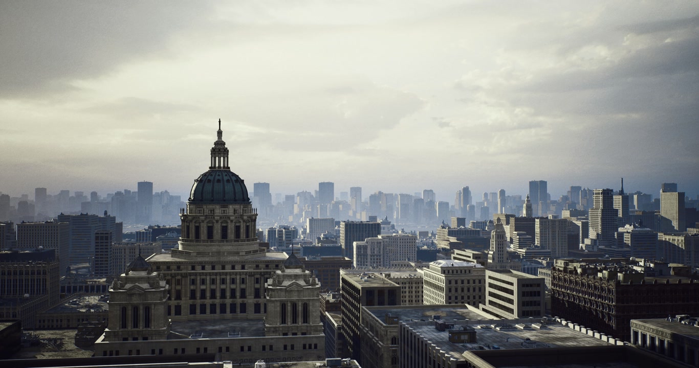 Moody city skyline showcasing architecture against cloudy morning backdrop