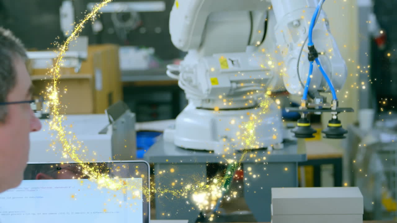 animación de una estrella fugaz sobre un científico masculino con un robot