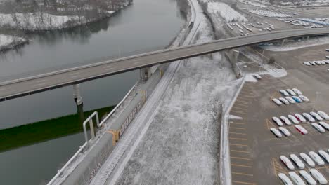 lansing michigan aerial with train by river and gm auto plant