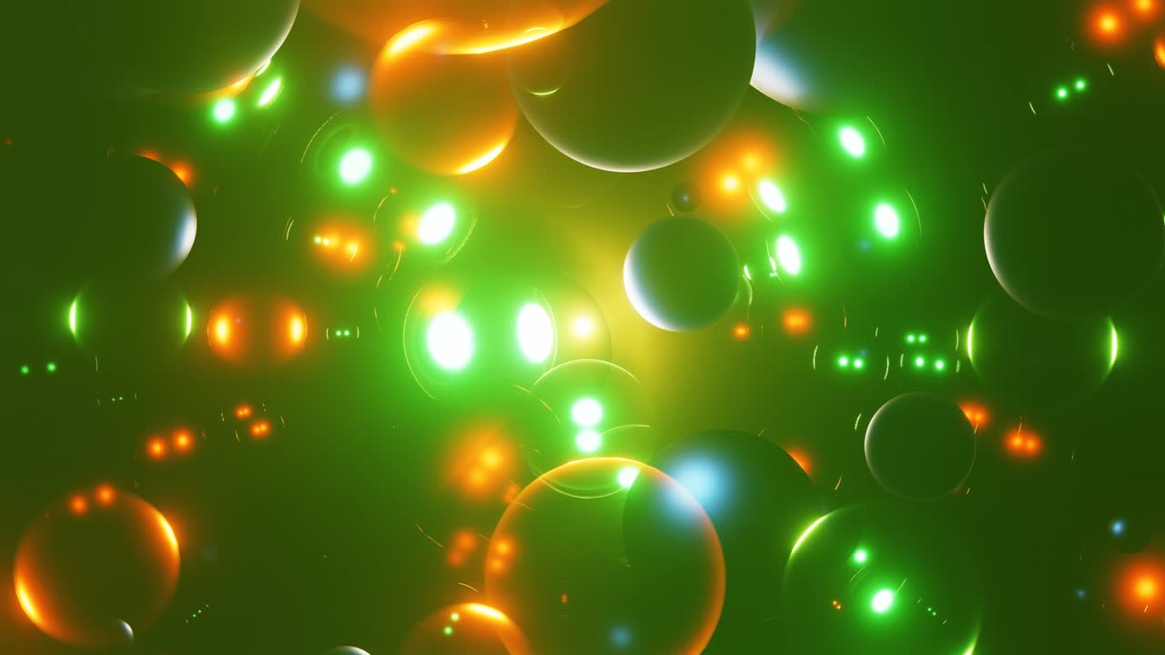 네온 배경: 네온 투명한 공이 공간에서 움직이고 반이는 4k 루프 애니메이션