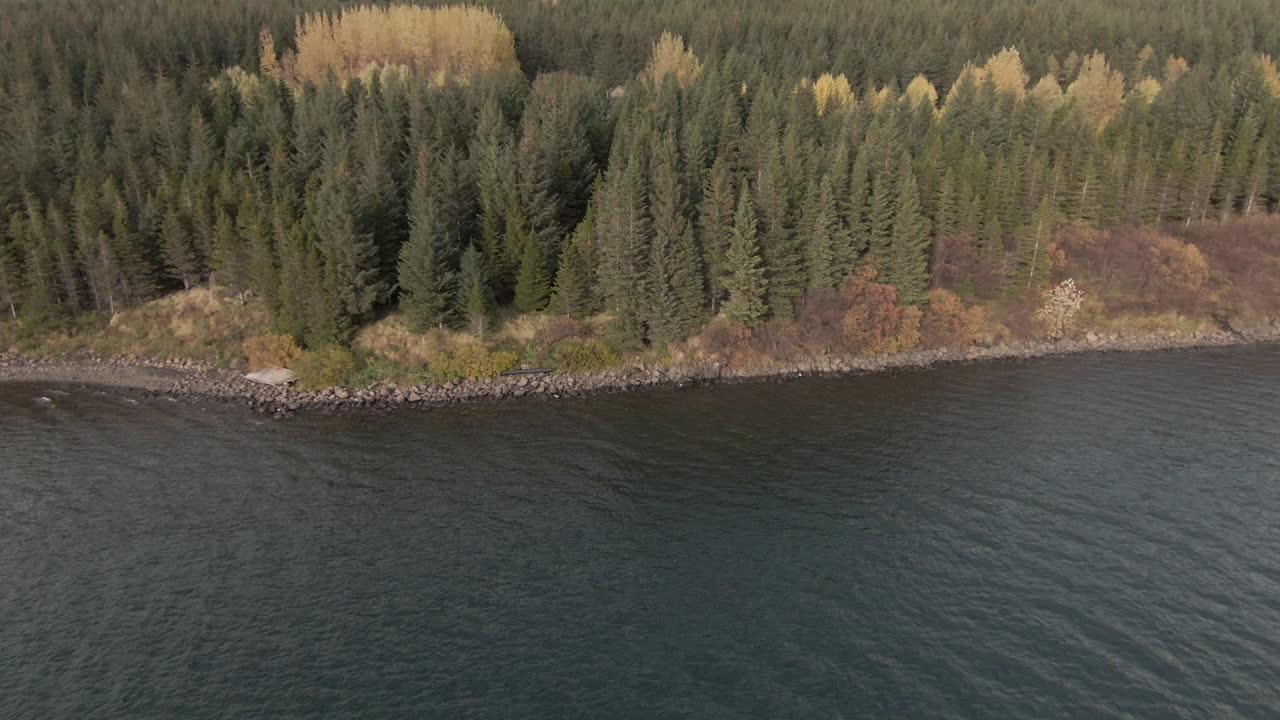 Lenta ripresa a carrello sopra un lago, una foresta autunnale e una casa nascosta