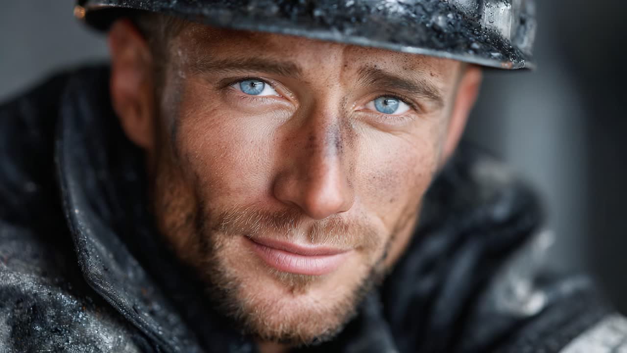 A portrait of a determined worker with striking blue eyes, showing resilience and grit after a hard day in an industrial environment, showcasing strength and character in every detail