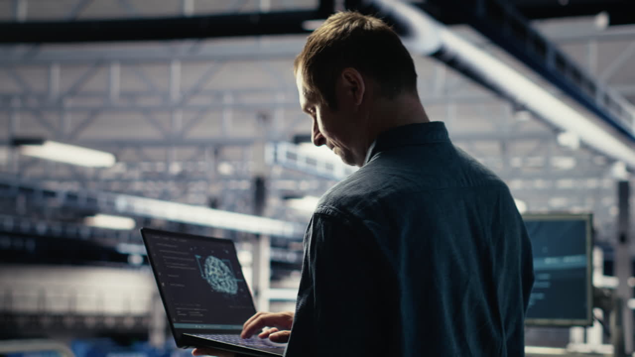 Technician Monitors Server Room Activity Using Laptop While Walking In Facility