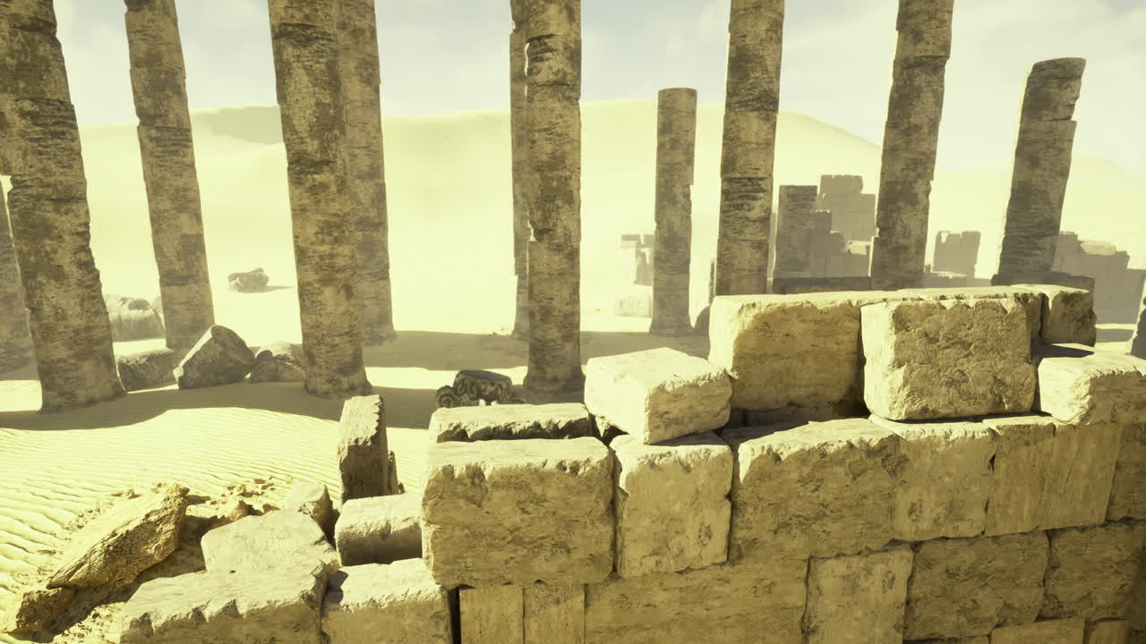 Exploring ancient ruins in a desert landscape with towering columns and stones