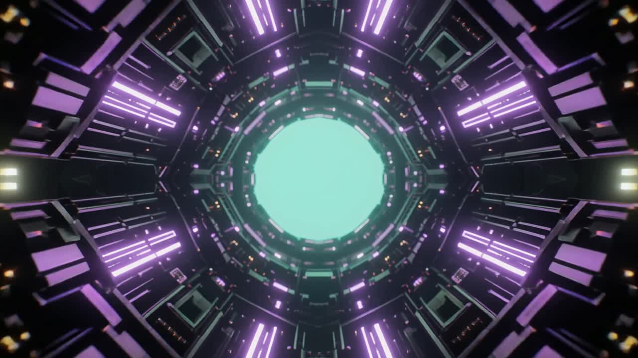 Volando attraverso un tunnel fantascientifico futuristico con luci al neon brillanti.