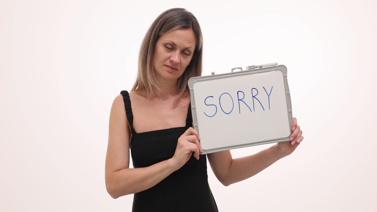 Una donna che tiene in mano un cartello con scritto "Mi dispiace"