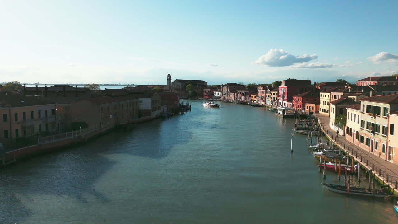 Aerial view of a scenic canal in Murano, Venice with colorful buildings and boats on a sunny day.