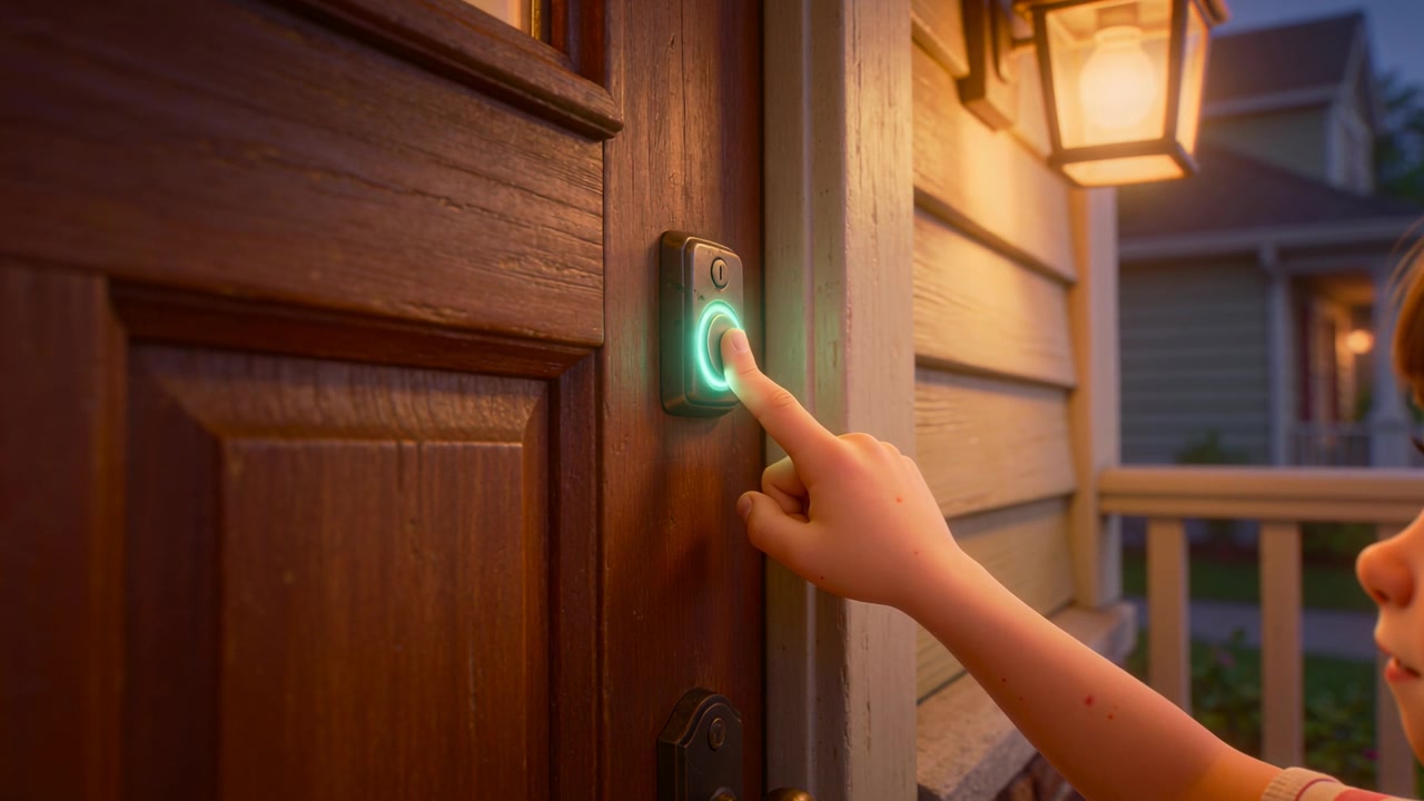 Reaching child in tee on porch pressing and releasing smart doorbell activating LED alerting owner