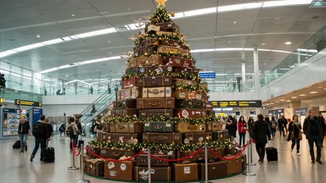 festive holiday display: a stunning christmas tree made from vintage luggage at the airport, bringing joy and cheer to travelers during the holiday season