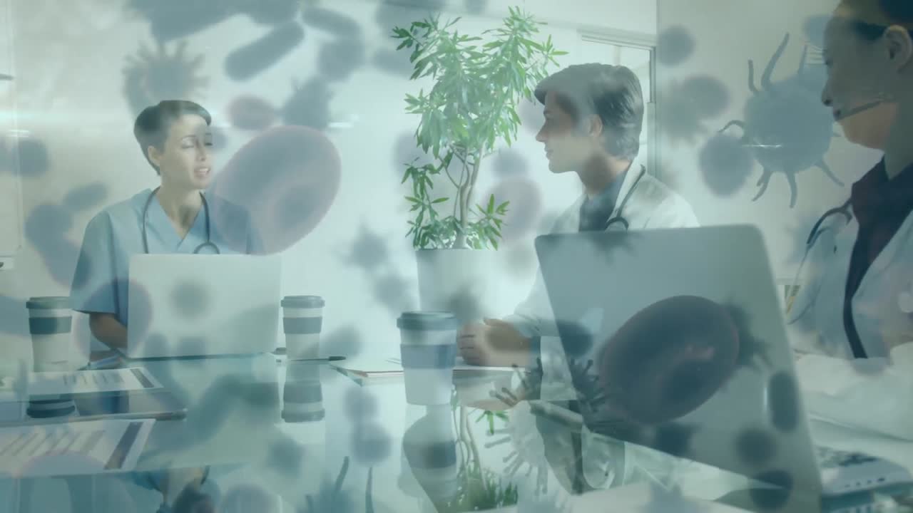 코로나19 세포가 의사들의 팀을 상대로 움직이고 있습니다.