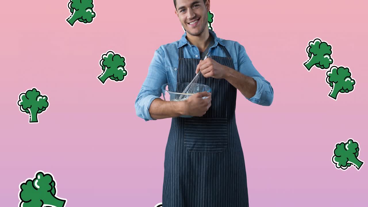 Animation of biracial man over broccoli icons on pink background