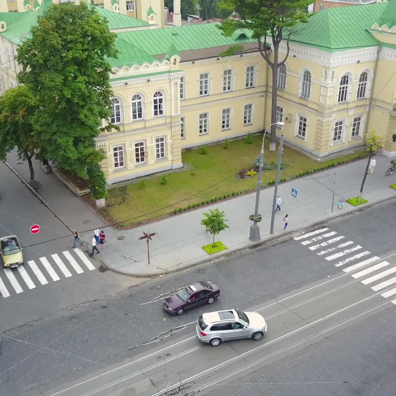Busy Traffic Of Cars On The Crossroads. VINNITSA, UKRAINE - JULY 2017: Aerial shot of the busy traffic of cars on the crossroads of the city