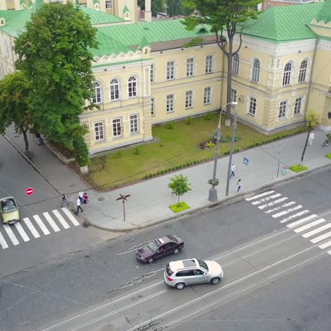 busy traffic of cars on the crossroads. vinnitsa, ukraine - july 2017: aerial shot of the busy traffic of cars on the crossroads of the city
