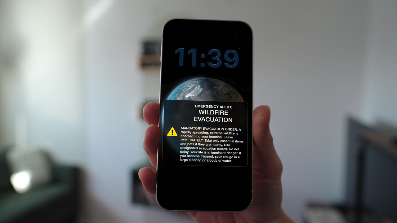 As flames spread rapidly, immediate action is required. This clip visualizes the critical moment a wildfire evacuation order is received, highlighting the danger of forest fires and climate extremes.